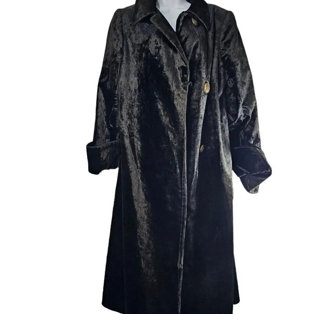 Vintage 60s Coat Womens Size Medium Black Heavy Faux Fur Velvet Long